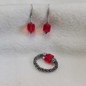 Matching Earrings and Ring Set, Red Swarovski Crystals and Silver